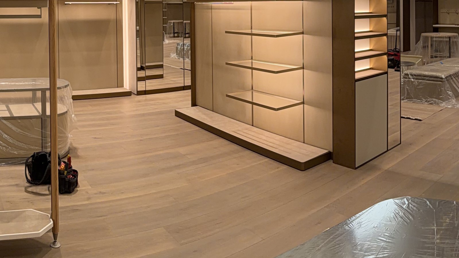 Finished wood flooring during a commercial interior fit-out